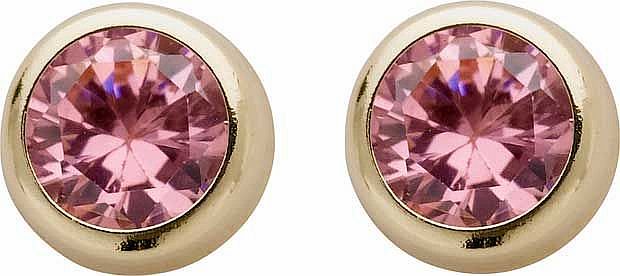 These round rubover style stud earrings are manufactured and hand-finished in the UK from 9ct yellow gold and they fasten behind the ear with butterflies. 5mm in diameter and with a sparkling pink cubic zirconia set from behind