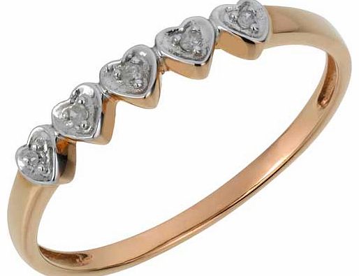 Made from rose gold plated silver and featuring 5 diamond solitaire hearts. this gorgeous ring is perfect for everyday wear and formal occasions. This ring makes a beautiful present. Diamond stone set. Available in sizes H to V. EAN: 1588370.