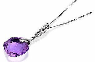 A facetted 9mm square purple amethyst cushion is strung from the 17/43cm chain via a diamond accented loop - an unusual, very pretty jewellery piece.