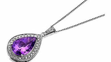 A beautiful, impactful jewellery piece - the 1.3 x 1.6cm pendant features a dramatic 11 x 8mm purple amethyst at the centre, surrounded by diamonds plus more on the bale (1/4ct total diamond weight), strung from an 18/46.5cm fine chain.