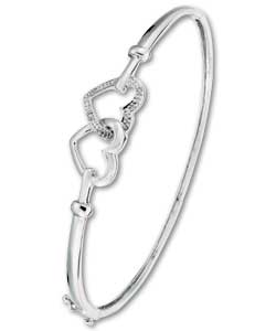 9ct White Gold and Diamond Double Heart Bangle
