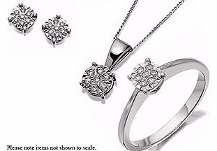 Pretty clusters each of seven round brilliant cut diamond accents for both the ring, the earrings and the pendant sit within a starburst setting, giving the impression of a much bigger single diamond (15pts total diamond weight).