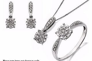 For the ring, a starburst of diamonds at the centre with even more diamonds on the shoulders plus matching earrings and pendant strung from an 18/26.5cm chain (39pts total diamond weight). A delightful set she will enjoy for a lifetime..