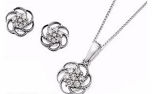 A sparkly gift set comprising of intricately designed, 7mm wide, open flower diamond stud earrings (10pts per pair), plus a matching flower pendant strung on an 18 white gold chain (8pts). Total diamond weight for gift set - 18pts.