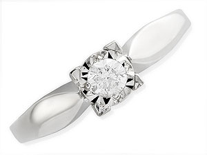 `A circular solitaire diamond (15pts) sits at the centre of a square 9ct white gold setting, creatin