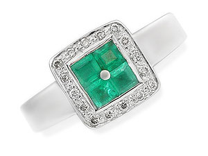 `An unusual, square emerald and diamond ring in 9ct white gold - four central Princess cut green eme