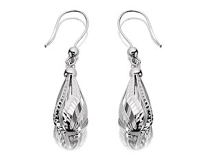 Separate strands of diamond cut 9ct white gold meet to create these attractive hook wire, 20mm drop earrings.