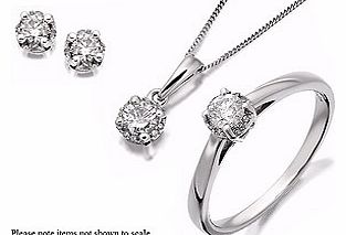 A sparkling total of 3/4ct for this beautiful white gold set - a 1/4ct solitaire diamond ring, a matching pendant also a 1/4ct and classic 1/4ct earrings - a set that will be appreciated for a lifetime.