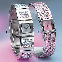 Stainless steel bangle watch with pink dial and set with pink Swarovski crystals. Pictured right
