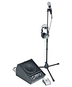 Stage styled 100W wedge amplifier.2 x guitar inputs.2 x mic inputs.Distortion foot pedal.Microphone.