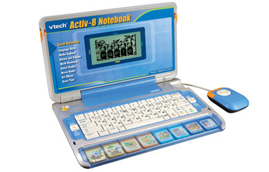 Stylish laptop featuring QWERTY keyboard, real mouse and 8 cartridges. 50 fun activities and 2-playe