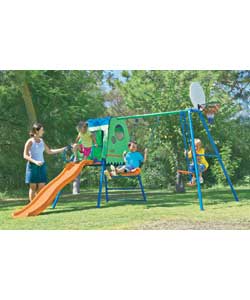 Features 2 child glide rider and height adjustable swing. Climbing ladder and platform has hideaway