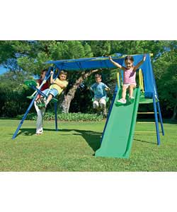 Features 2 child glide rider and height adjustable swing.Climbing ladder and platform has hideaway