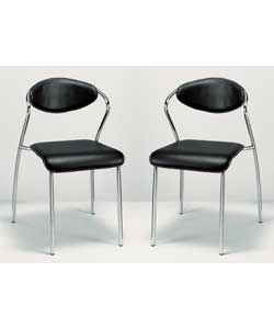 Pair of Acura dining chairs with chrome metal frames and a black leather effect seatpad and backrest