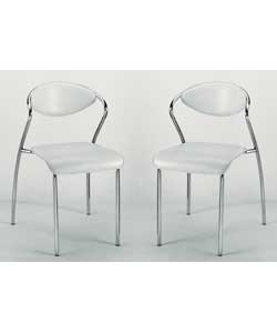 Size (W)48, (D)50, (H)79.5cm.Pair of Acura dining chairs with chrome metal frames and a white leathe