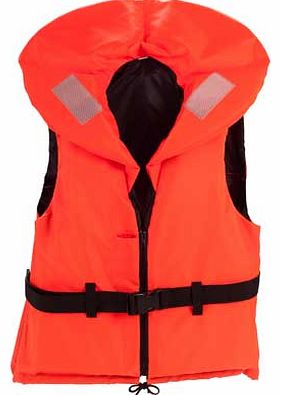 Buoyancy jacket with floatation chambers. Secure fitting with front zip with pull tie cord and waist belt with buckle fastening Reflective strips on collar and whistle on string and a pocket to place it in. Maximum user weight of 70 to 90 kgs. Chest 