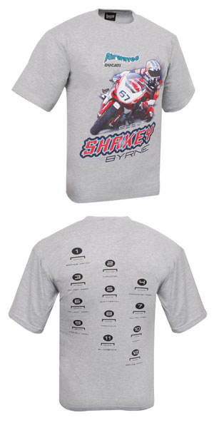 Airwaves Ducati driver T-shirt featuring dynamic screen print of Shayne Byrne riding his Airwaves Du