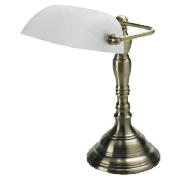 This banker style desk lamp combines an alabaster effect glass shade with antique brass finish.  Wit