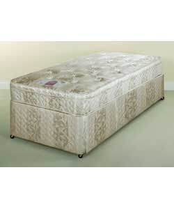 Platform top divan with castors. Headboard can be placed at either end of bed. Sprung open coil no