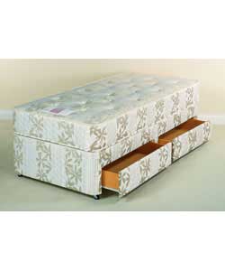 Fully upholstered platform top divan with castors. Headboard can be placed at either end of the