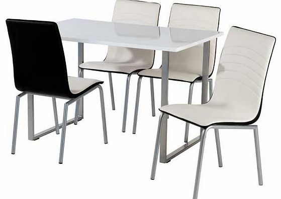 Dine in style with this Albury Dining Table with 4 Leather Effect Chairs. This stylish table is made from steel with a white gloss finish. and the chairs have a steel frame with leather effect seat pads and backs. This dining set looks perfect in bot