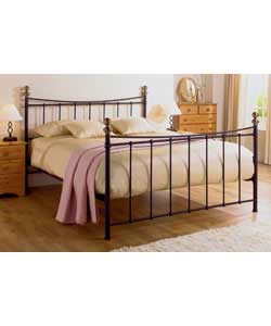 Headboard and footboard in a black powder coated finish with brass effect finials.Size (W)146.7, (L)
