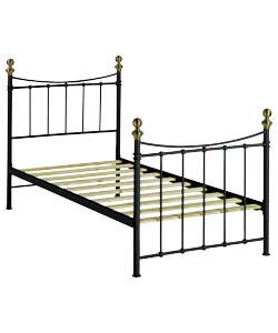 Headboard and footboard in a black powder coated finish.Brass effect finials.Includes solid metal