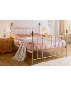 Headboard and footboard in an ivory powder coated finish.Brass effect finials.Includes solid metal