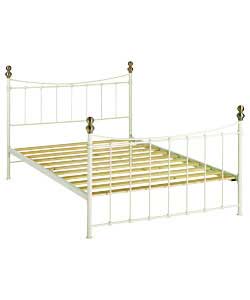 Headboard and footboard in an ivory powder coated finish.Brass effect finials.Includes solid metal