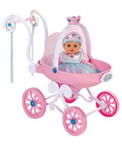 Real spinning wheels and a glittery canopy top. Push the carriage along and watch the tiara on top