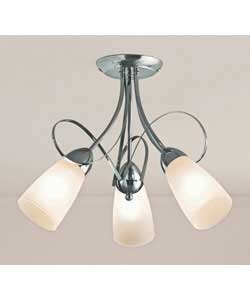 Brushed chrome plated steel.Satin glass shades.3 lights.Requires wiring.Energy efficient.Suitable fo