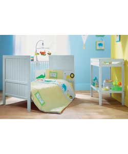 Includes Drop side cot, jersey fitted sheet, curtains, tiebacks, uplighter, quilt, bumper and