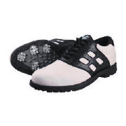 These all leather golf shoes are water resistant and fitted with soft tread spikes and a light, gree