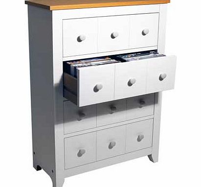 Shaker style free standing 4 drawer media storage unit in white finish with beech effect finish accent. Three knobs and clever routing on each drawer give the illusion of having 12 smaller drawers. Ideal for everyday storage but also holds up to 228 