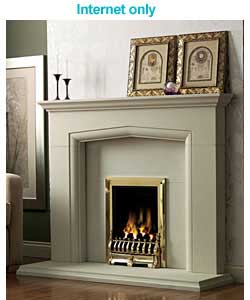 White stone finish surround with brass effect gas fire.Suitable for natural gas supply (20mbar).Chim