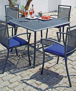1 table with 4 chairs. Dark silver powder coating finishing. Table is in knockdown design. Chairs