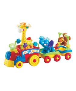 A Dinosaur playset with 4 dinosaur themed motorised train that helps baby learn about animals