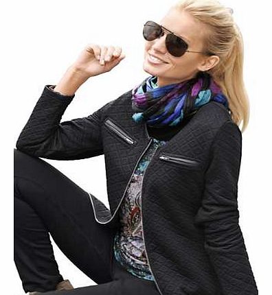 Jersey Jacket in an all over embossed pattern. Features faux leather piping on the full length 2 way zip and the two mock breast pockets. Ambria Jacket Features: Flattering and Casual fit Delicate wash max. 30C 64% Polyester, 18% Cotton, 18% Viscose