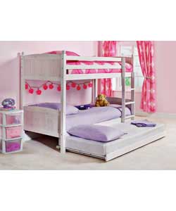 White lacquered solid pine bunk bed with trundle, which can be used as 2 single beds. Includes 2