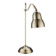 An antique brass finish, steel desklamp.  Features adjustable head and in line switch.  Requires max