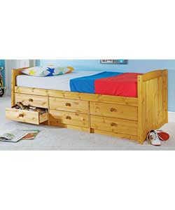 Antique stain solid single cabin bed including 6 under bed storage drawers. Size (W)97, (L)196, (H)6