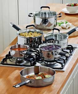 14cm open milk pan, 16, 18 and 20cm stainless steel saucepans with glass lid.Non stick 24cm frying p