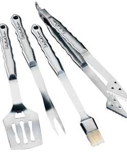 Stainless steel.Consists of tongs, fork, spatula and basting brush.Length 45cm (approx).Weight 1.6kg