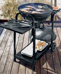 Includes a cover and a stainless steel 3 piece BBQ tool set. 51cm diameter chrome plated cooking gri