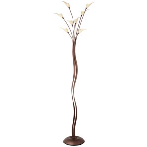 An eight arm antiqued effect floor lamp with amber coloured glass shades