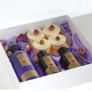 Lavender gift box containing lavender bath bubbles, lavender bath melts, soap and lavender cream