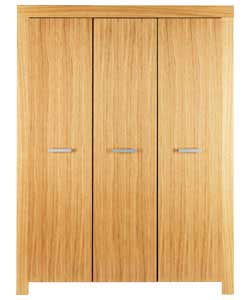 Size (H)188, (W)141.9, (D)58cm.Lacquered oak veneer wardrobe.Solid wood handles with silver painted 