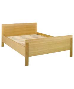Oak veneer frame. Size (W)143, (L)197.6, (H)80cm. 16cm clearance between floor and underside of bed.