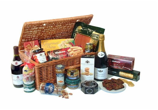 Send a deliciously overflowing luxury food hamper filled with gourmet goodies including classic