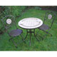 A beautiful set comprising a mosaic inlaid bistro table and two folding chairs constructed from powd